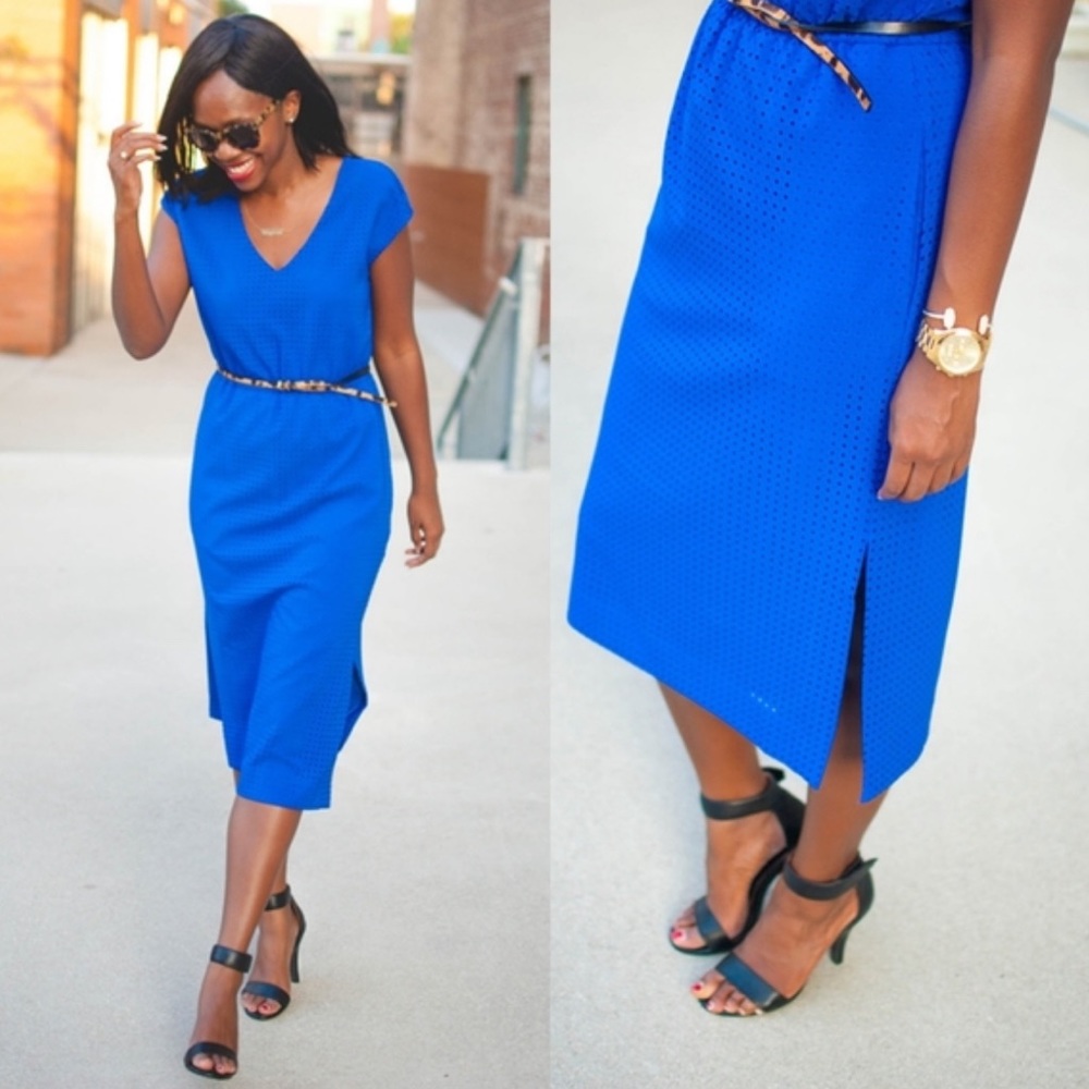 New without tag J. CREW Laser Cut-out Electric Blue Sleeveless Midi Dress Size 8